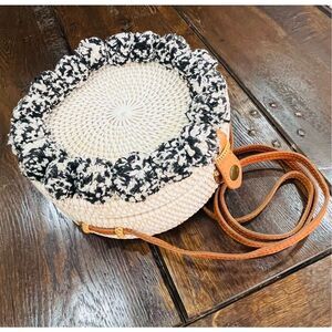 Cleobella Bali Marketplace Black and White Pom Pom Cantina Bag 8”